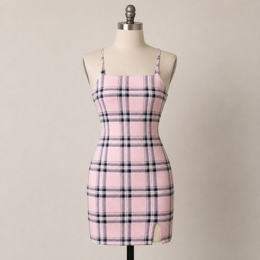 Pink Plaid Bodycon Mini Dress Womens L 11-13 Spaghetti Strap Slit Y2K‎ Preppy